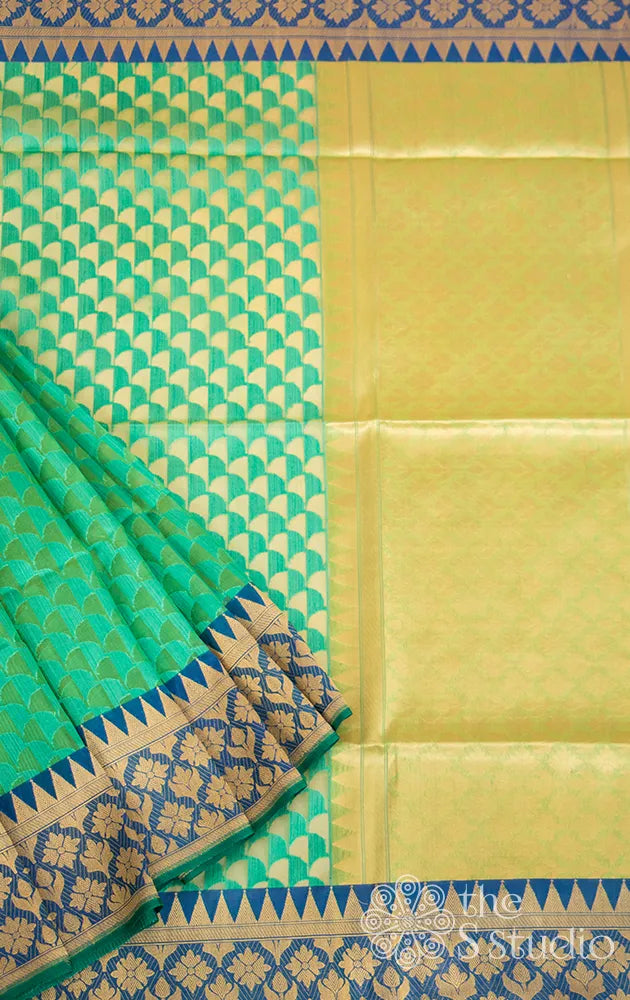 Greenish blue kora banarasi silk saree
