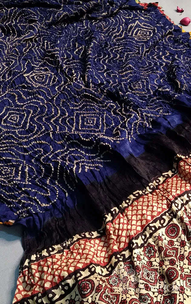 Indigo blue pure bandhani saree with ajrakh pallu