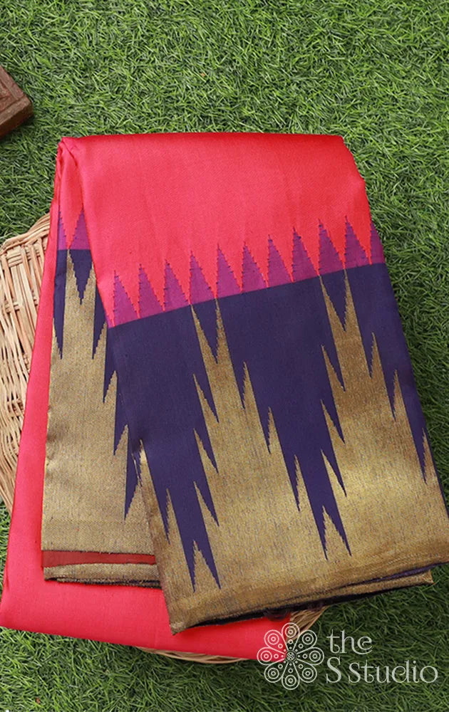 Rose and navy blue temple border kanjivaram saree