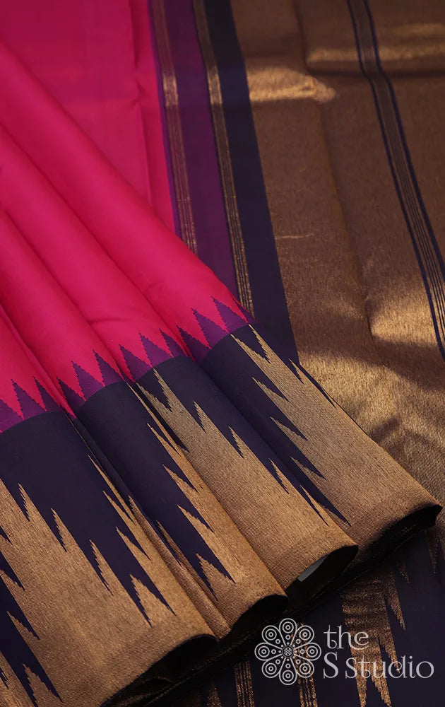 Rose and navy blue temple border kanjivaram saree