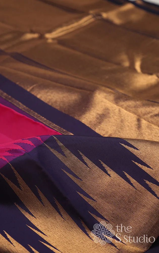 Rose and navy blue temple border kanjivaram saree