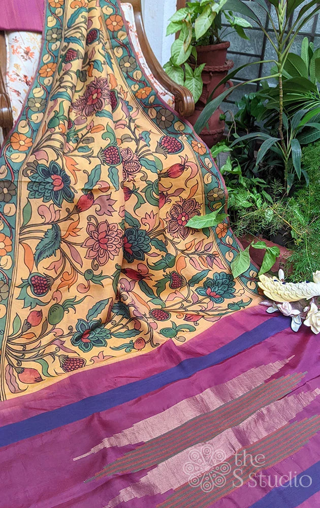 Light yellow kalamkari pure silk saree