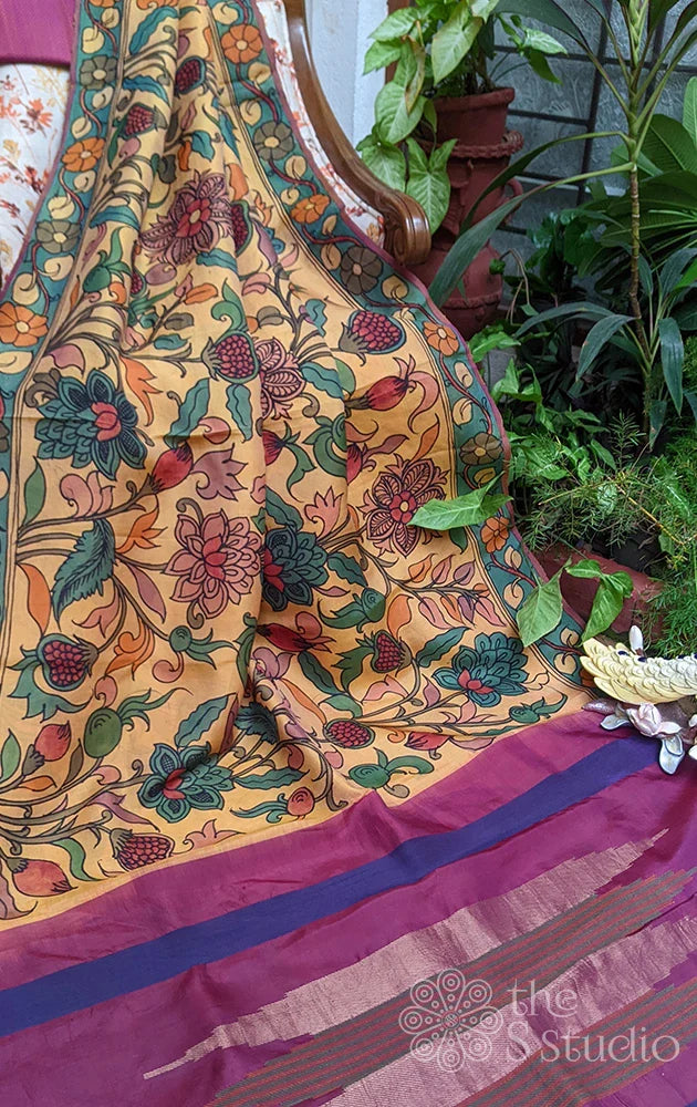 Light yellow kalamkari pure silk saree