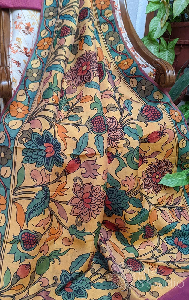 Light yellow kalamkari pure silk saree