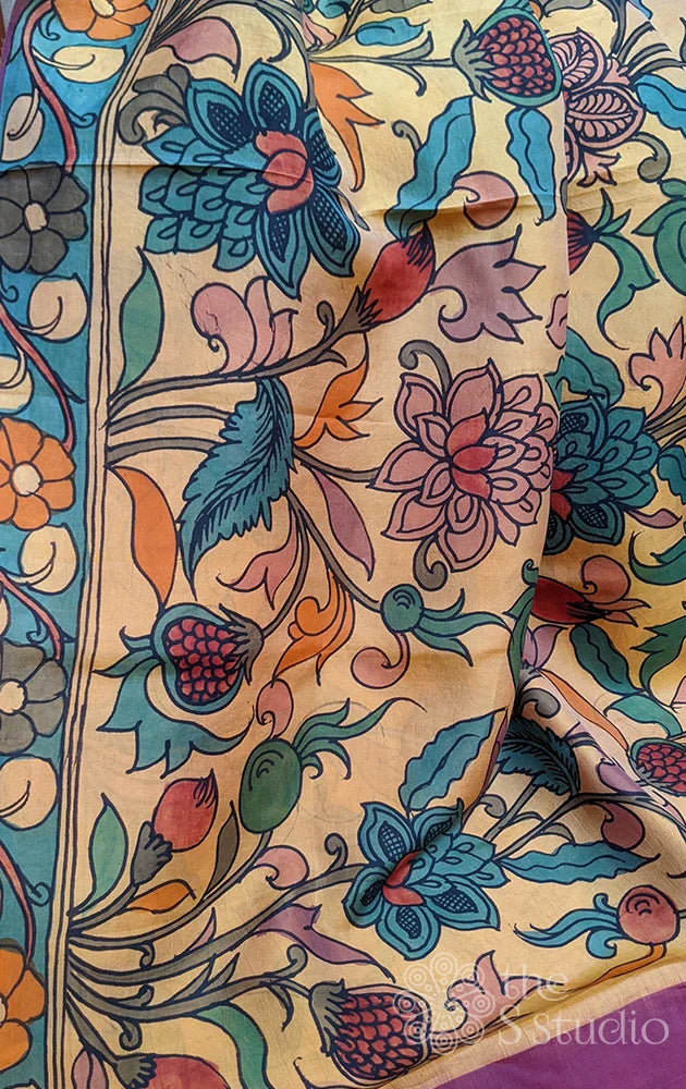 Light yellow kalamkari pure silk saree