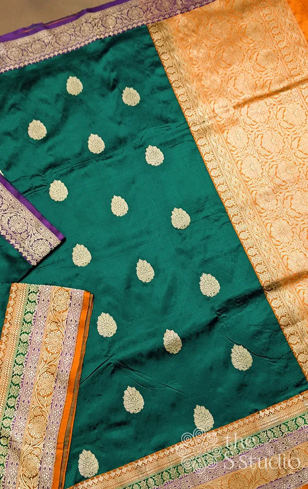Green banarasi silk saree with orange border
