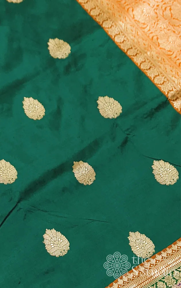 Green banarasi silk saree with orange border