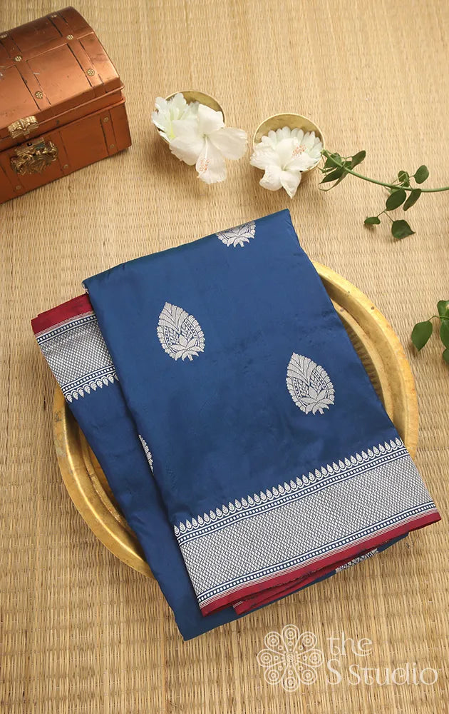 Azure blue banarasi silk saree with silver zari