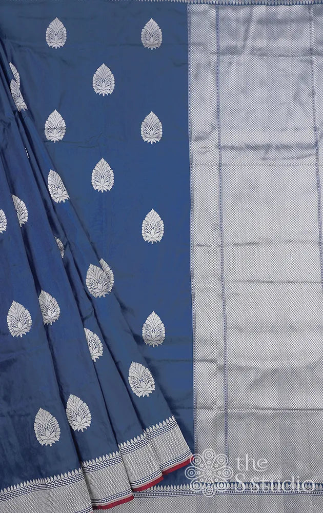 Azure blue banarasi silk saree with silver zari