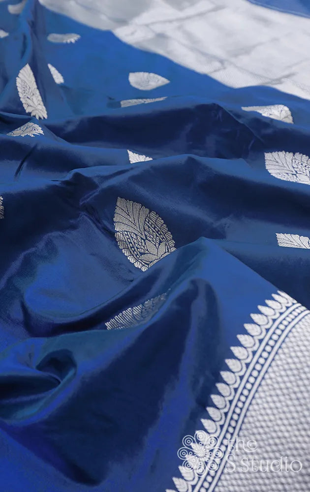 Azure blue banarasi silk saree with silver zari