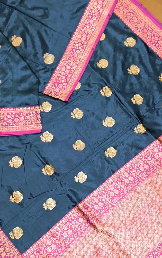 Blue banarasi silk saree with magenta border