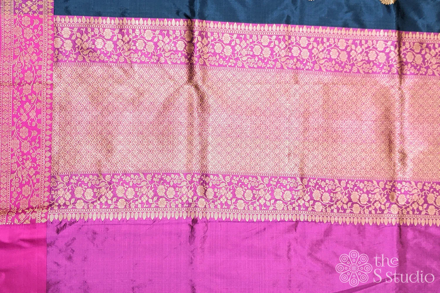 Blue banarasi silk saree with magenta border