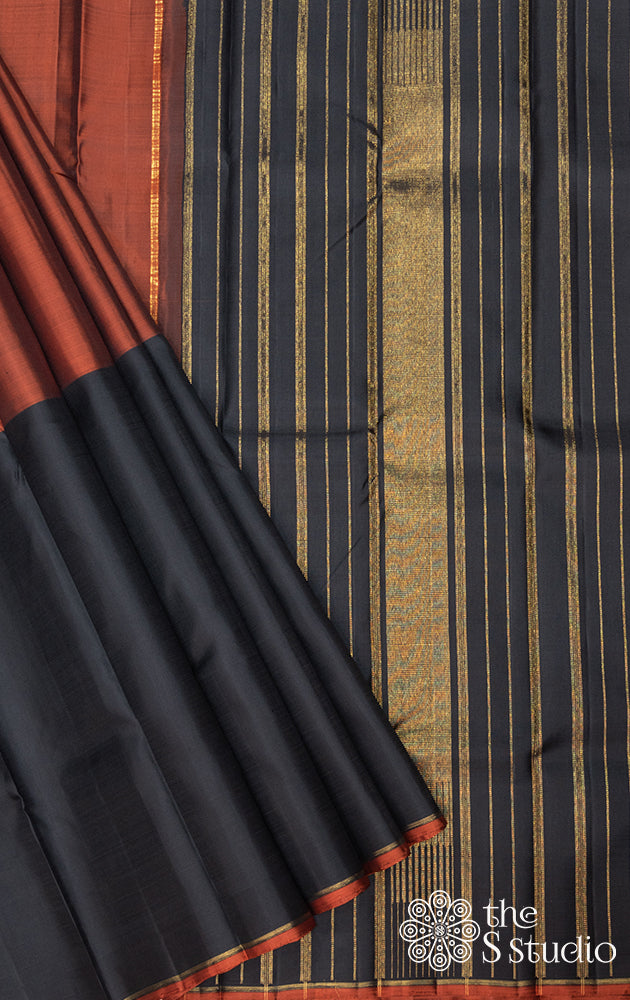 Rust and black half and half kanchi silk saree