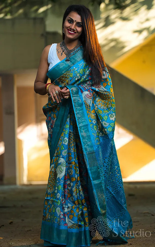 Light blue kalamkari printed tussar saree with cutwork