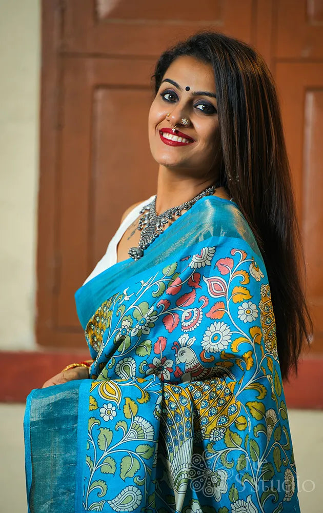 Light blue kalamkari printed tussar saree with cutwork