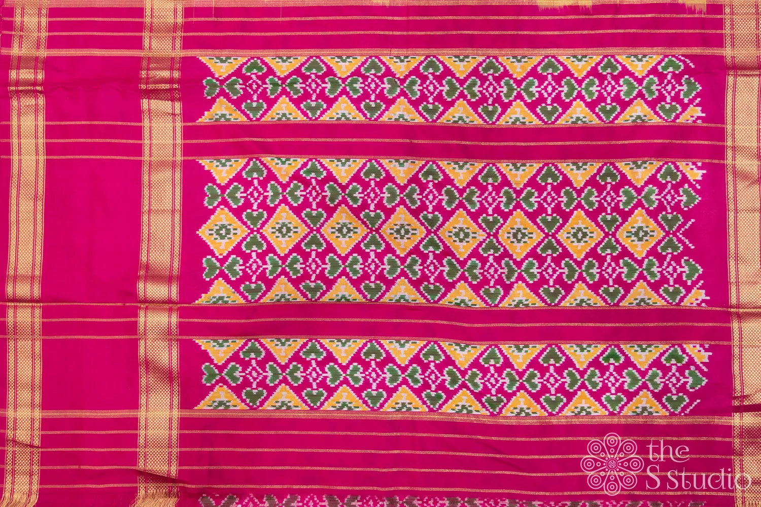 Mango orange ikkat silk saree with rani pink border