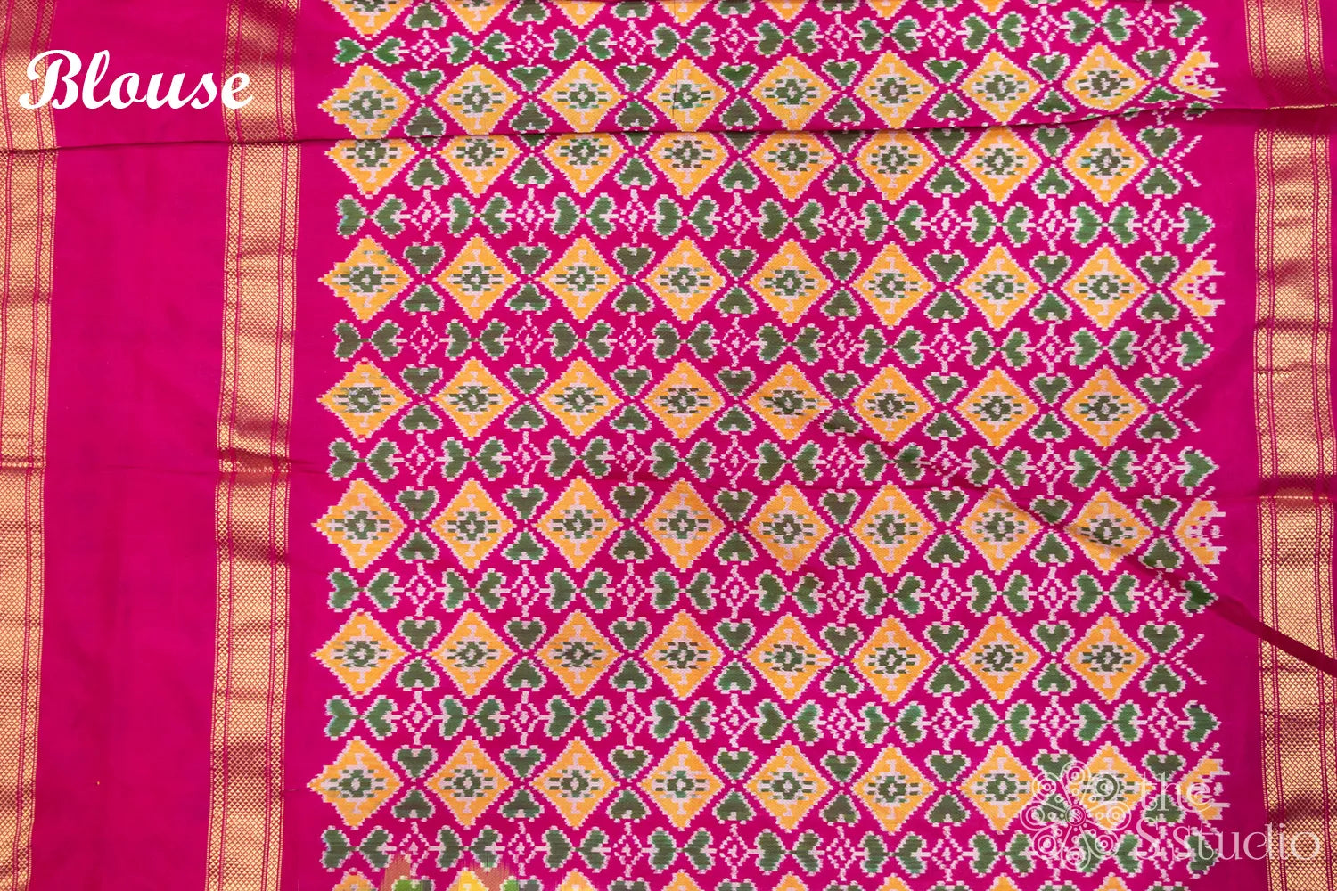 Mango orange ikkat silk saree with rani pink border