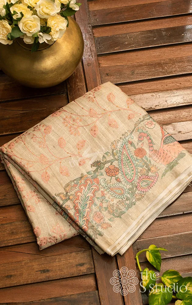 Pastel green semi tussar saree with embroidery