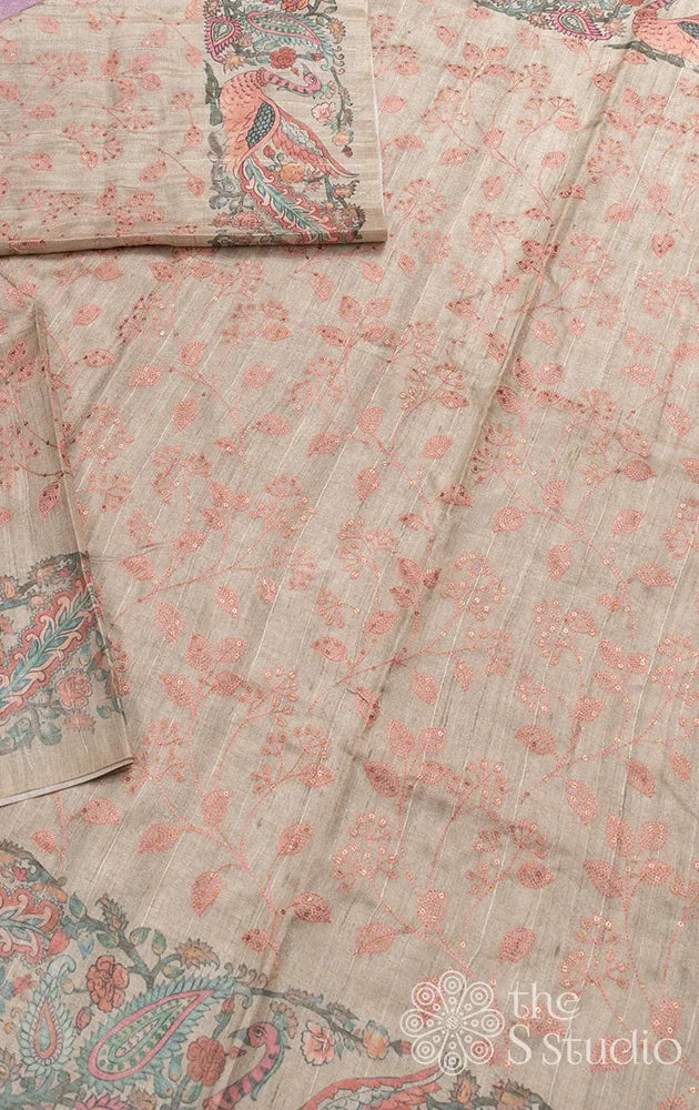 Pastel green semi tussar saree with embroidery