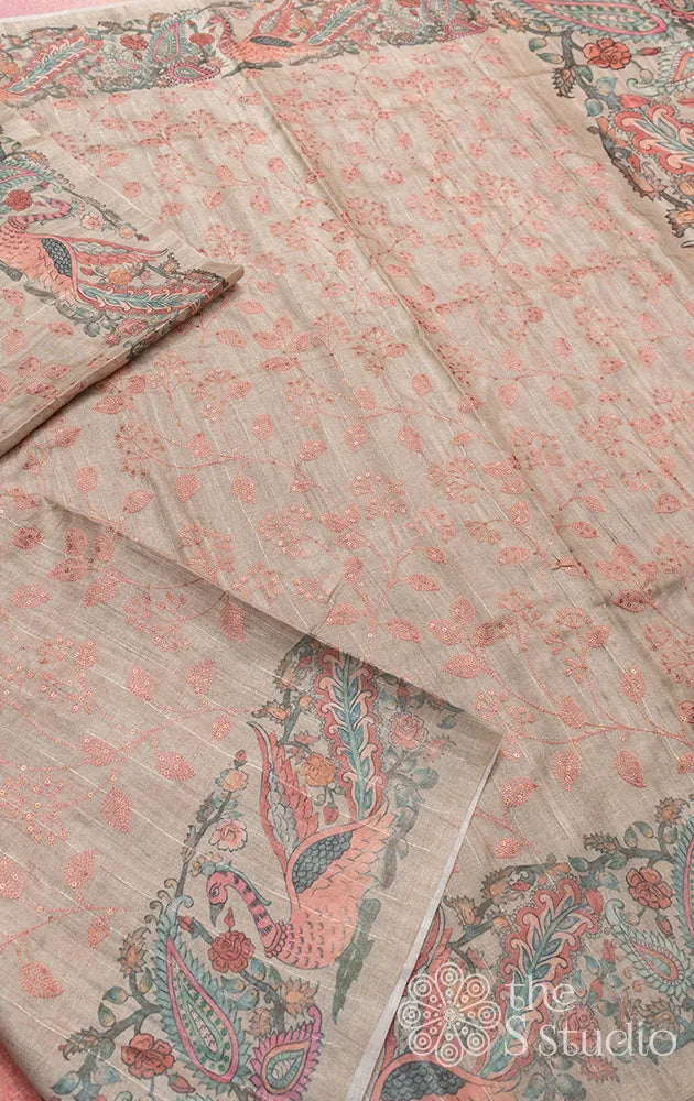 Pastel green semi tussar saree with embroidery