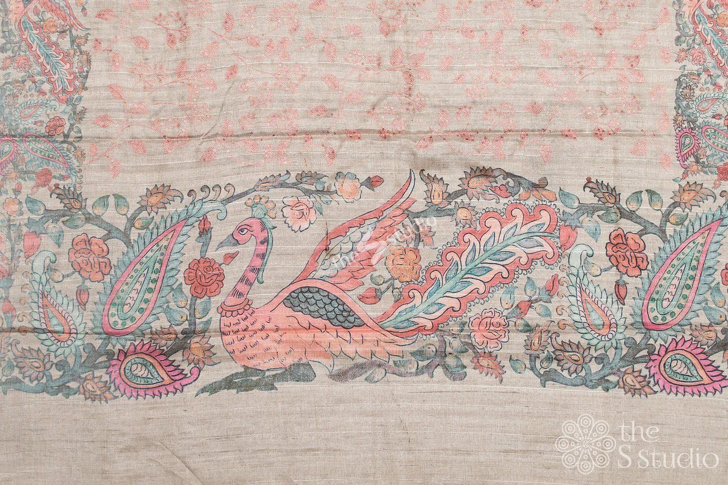 Pastel green semi tussar saree with embroidery