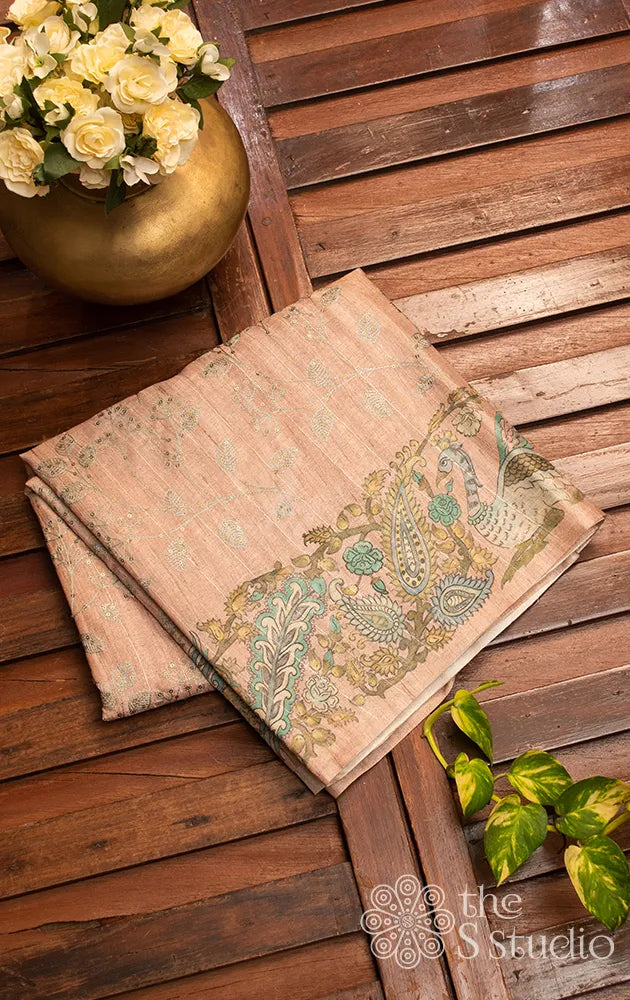 Peach semi tussar saree with embroidery