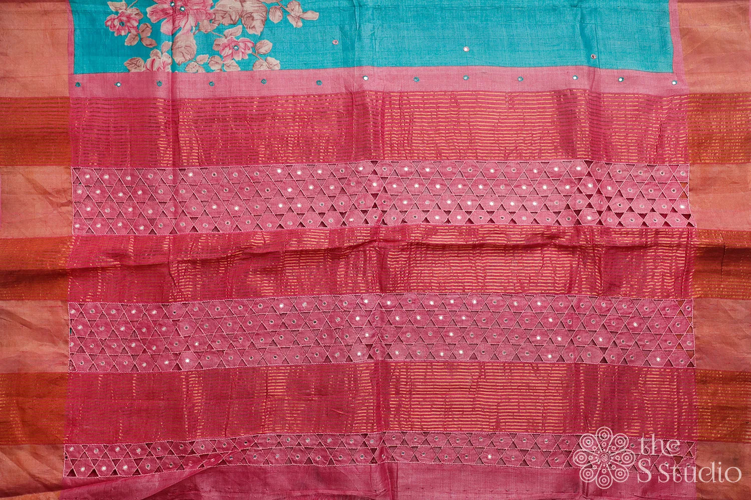 Blue tussar floral prints and cutwork saree