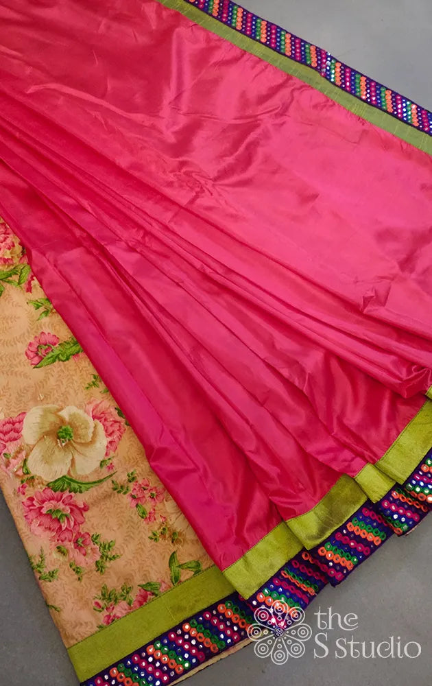 Red Blended Silk Printed Half and Half Saree