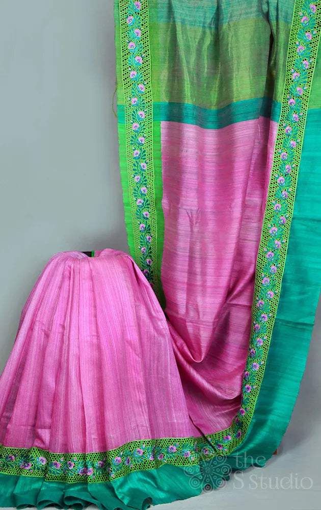 Lotus pink matka silk saree with cutwork and embroidery