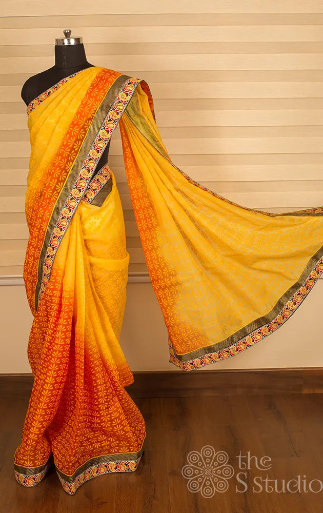 Yellow and Orange Organza Block Printed Saree with Blouse