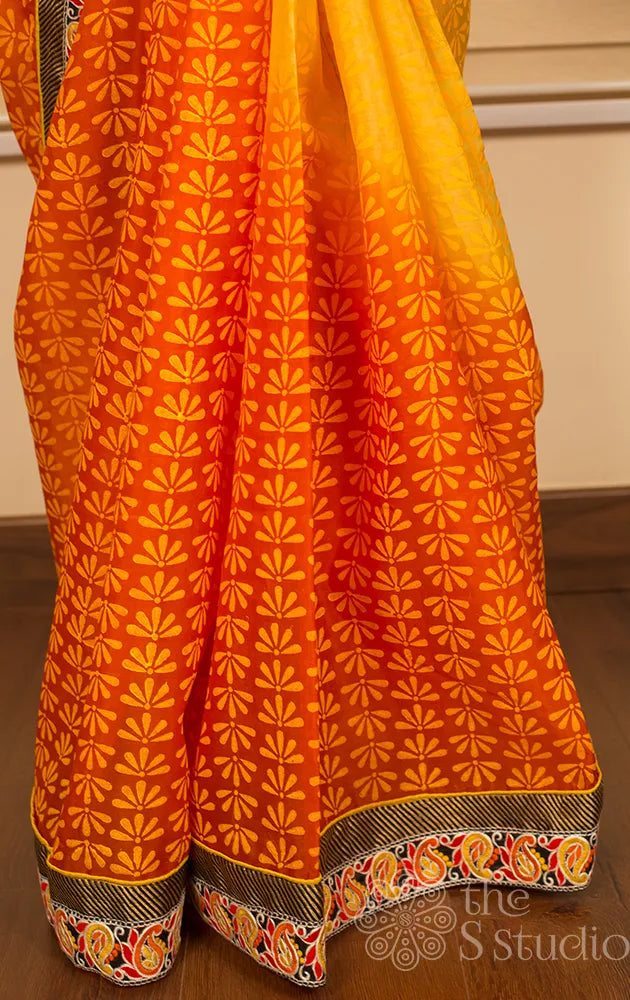 Yellow and Orange Organza Block Printed Saree with Blouse