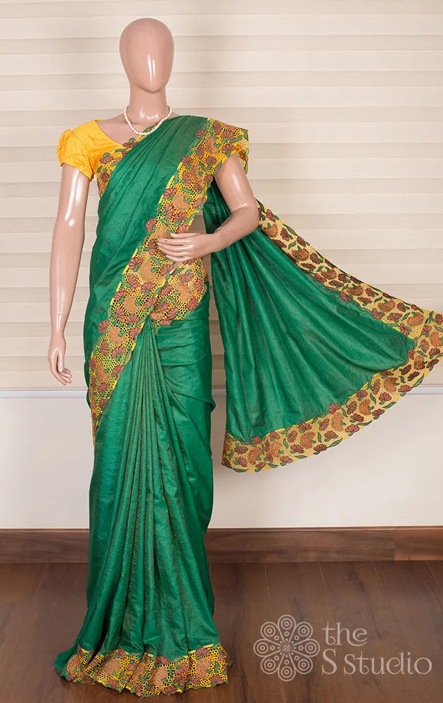 Bottle Green tussar with Yellow Cutwork Saree