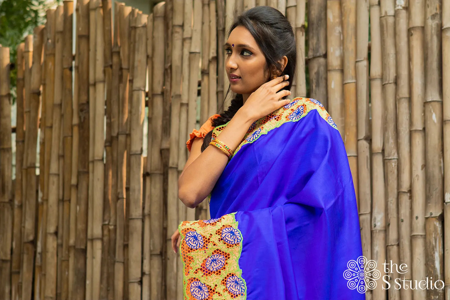 Royal blue kanchipuram silk sari with cutwork on the border