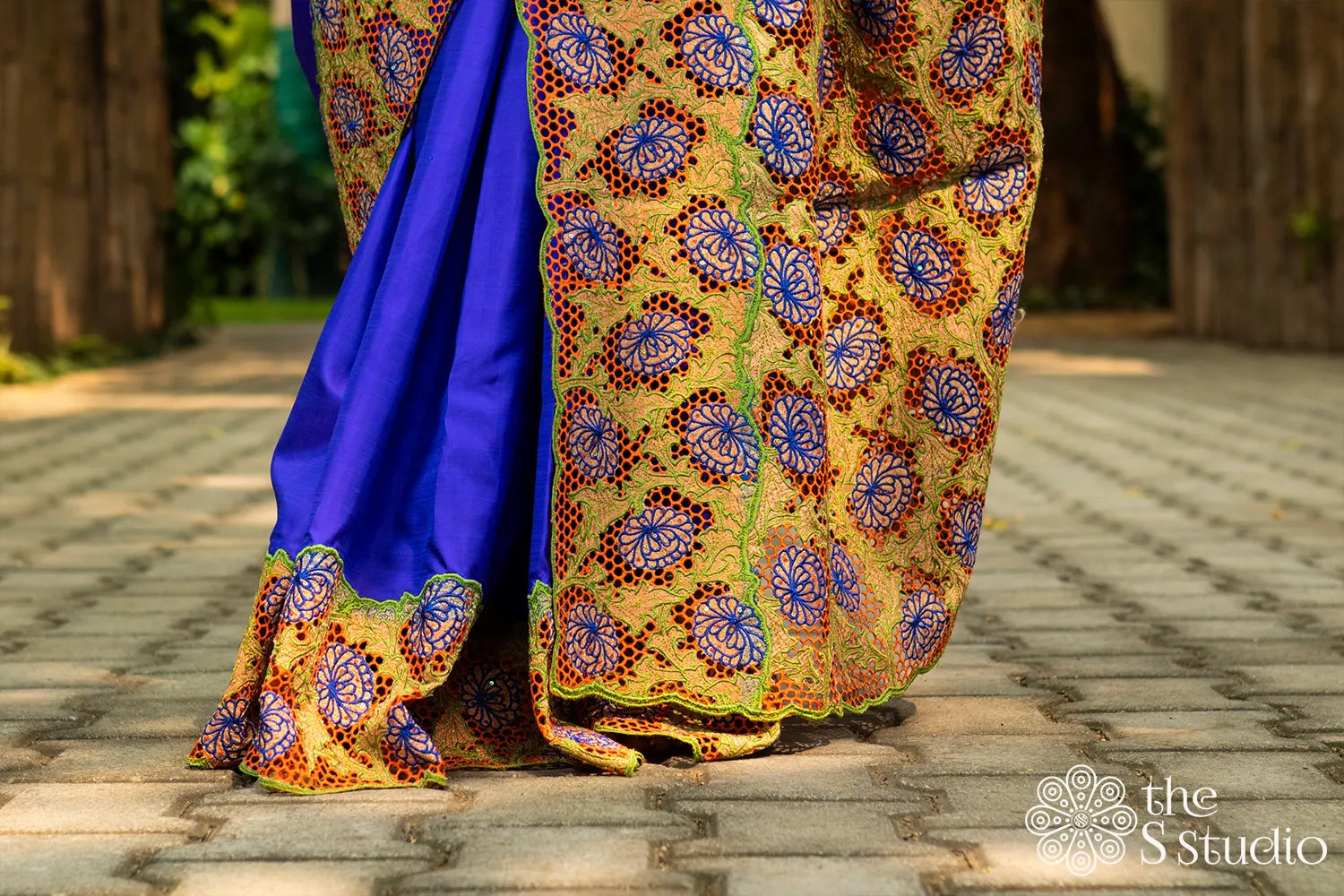 Royal blue kanchipuram silk sari with cutwork on the border