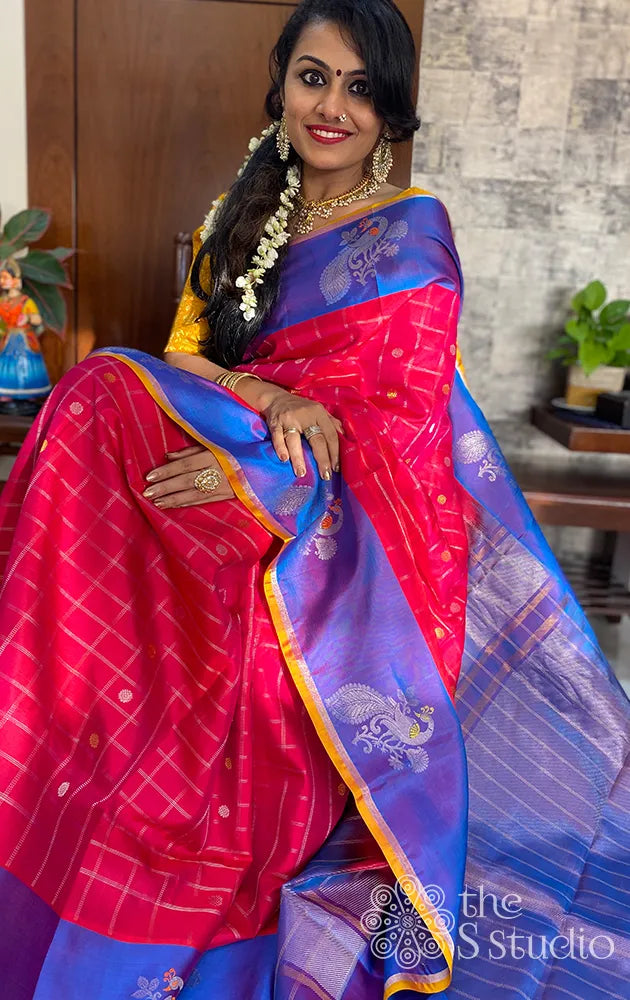 Red Gadwal Silk Saree with Violet Border