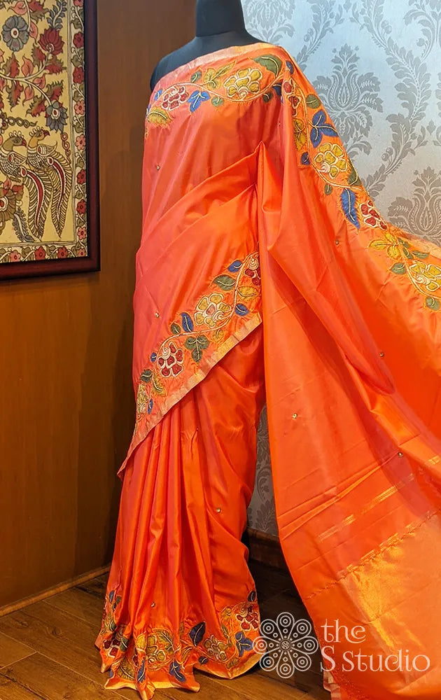 Orange soft silk with hand painted kalamkari work