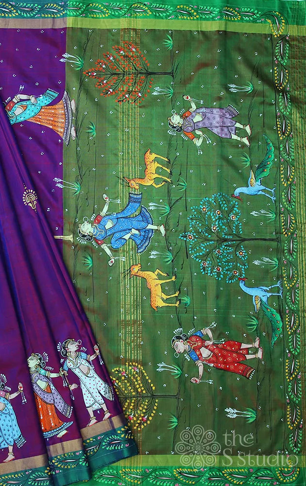 Purple silk saree with handpainted pattachitra
