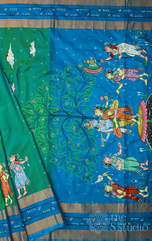 Hand painted pattachitra bluish green silk saree with small border