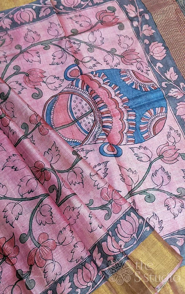 Pink tussar pen kalamkari saree with the zari border