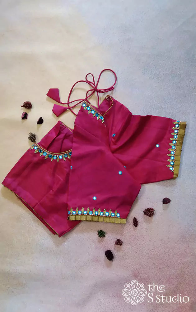 Rani pink kanchi silk readymade blouse with embroidery