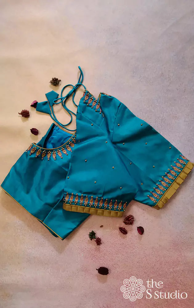 Blue kanchi silk readymade blouse with embroidery