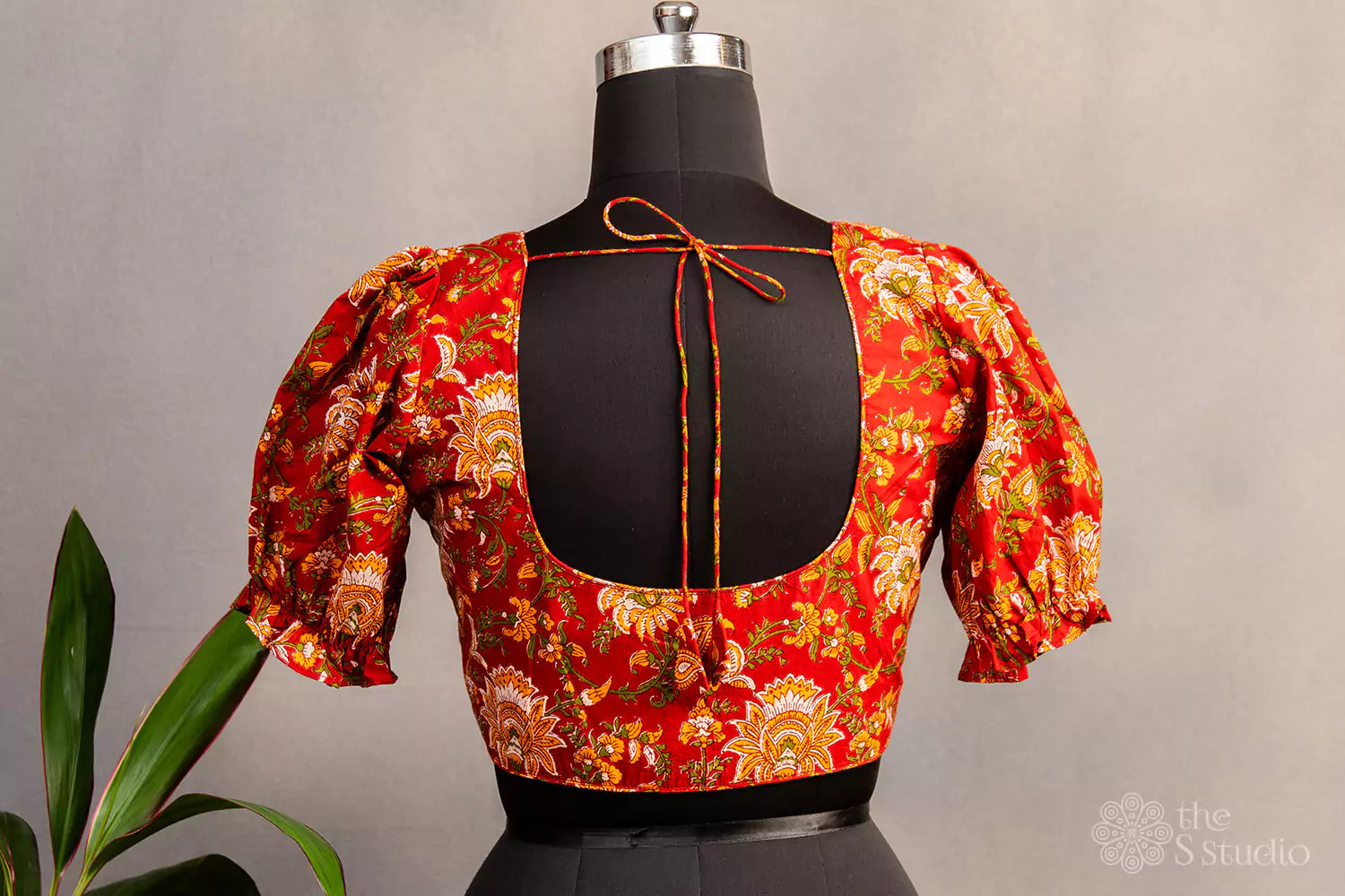 Red floral printed cotton  blouse with neck pattern
