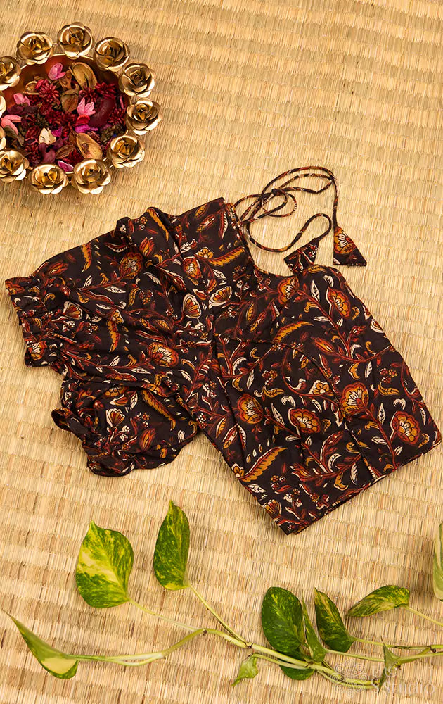 Brown printed cotton  blouse with neck pattern
