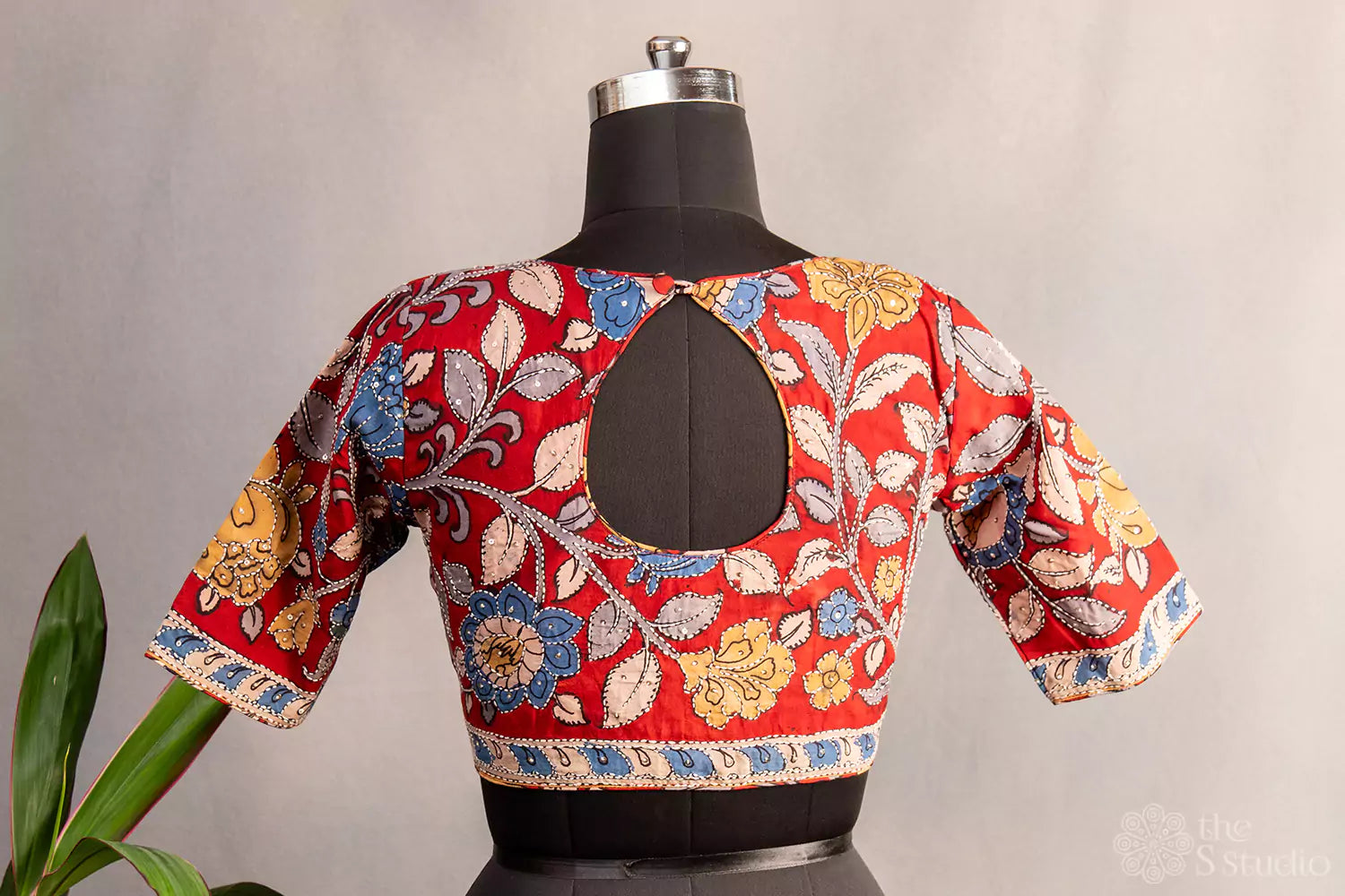Red pen kalamkari hand painted silk blouse with kantha embroidery
