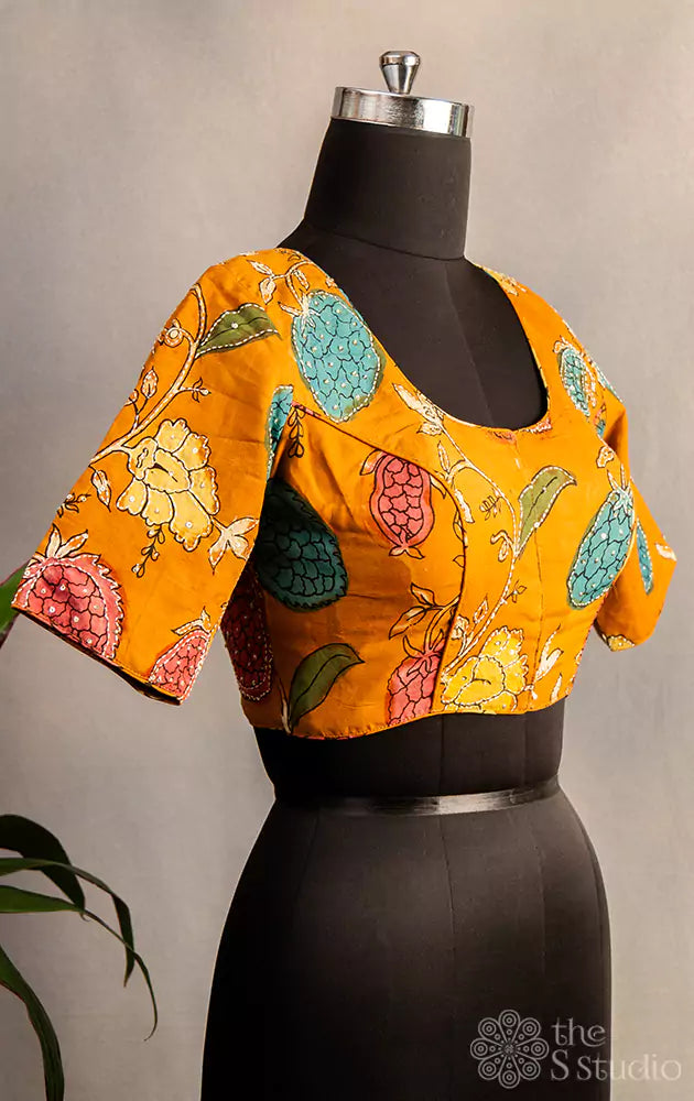 Mustard pen kalamkari hand painted silk blouse with kantha embroidery
