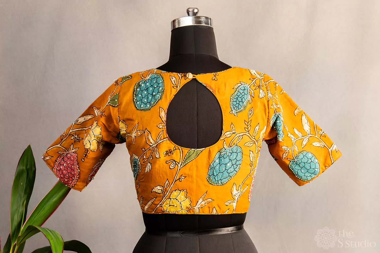 Mustard pen kalamkari hand painted silk blouse with kantha embroidery