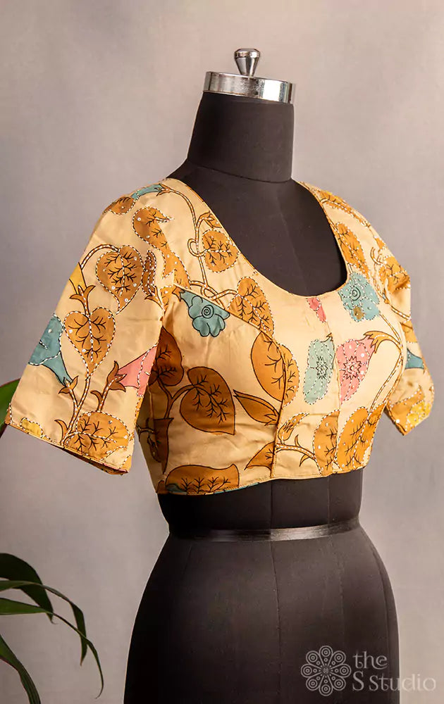 Beige pen kalamkari hand painted silk blouse with kantha embroidery