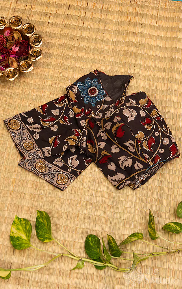 Black pen kalamkari hand painted silk blouse with kantha embroidery