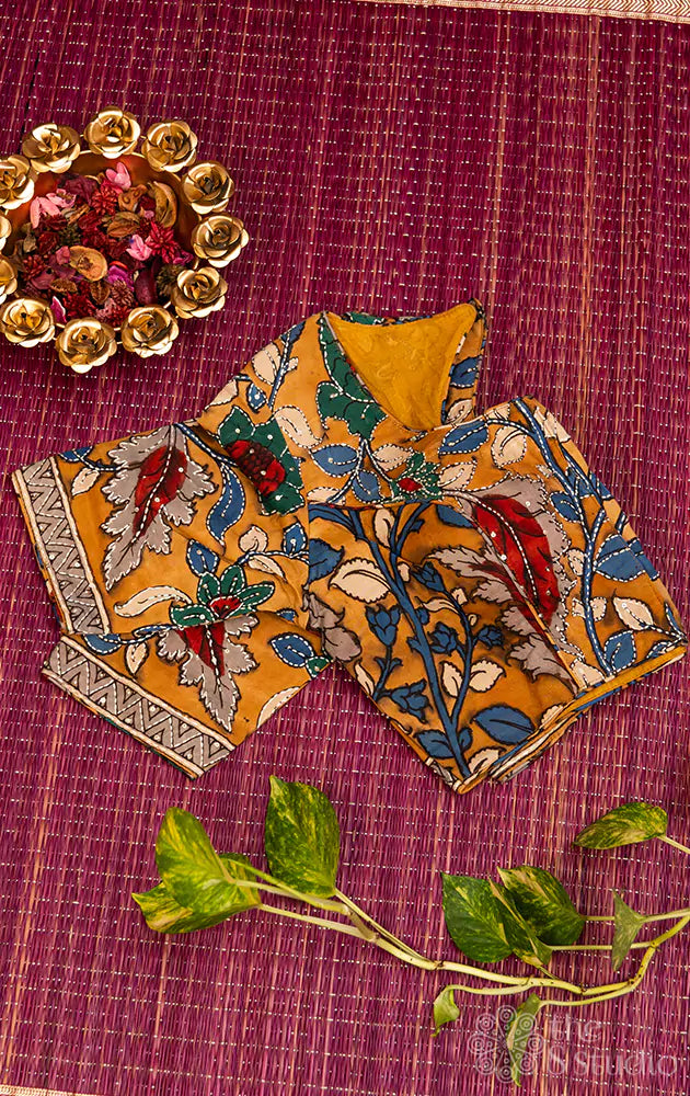 Mustard hand painted pen kalamkari silk blouse with kantha embroidery
