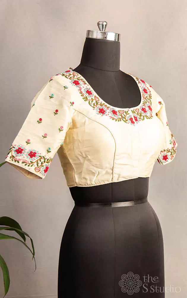 Mustard hand embroidered raw silk blouse with neck pattern
